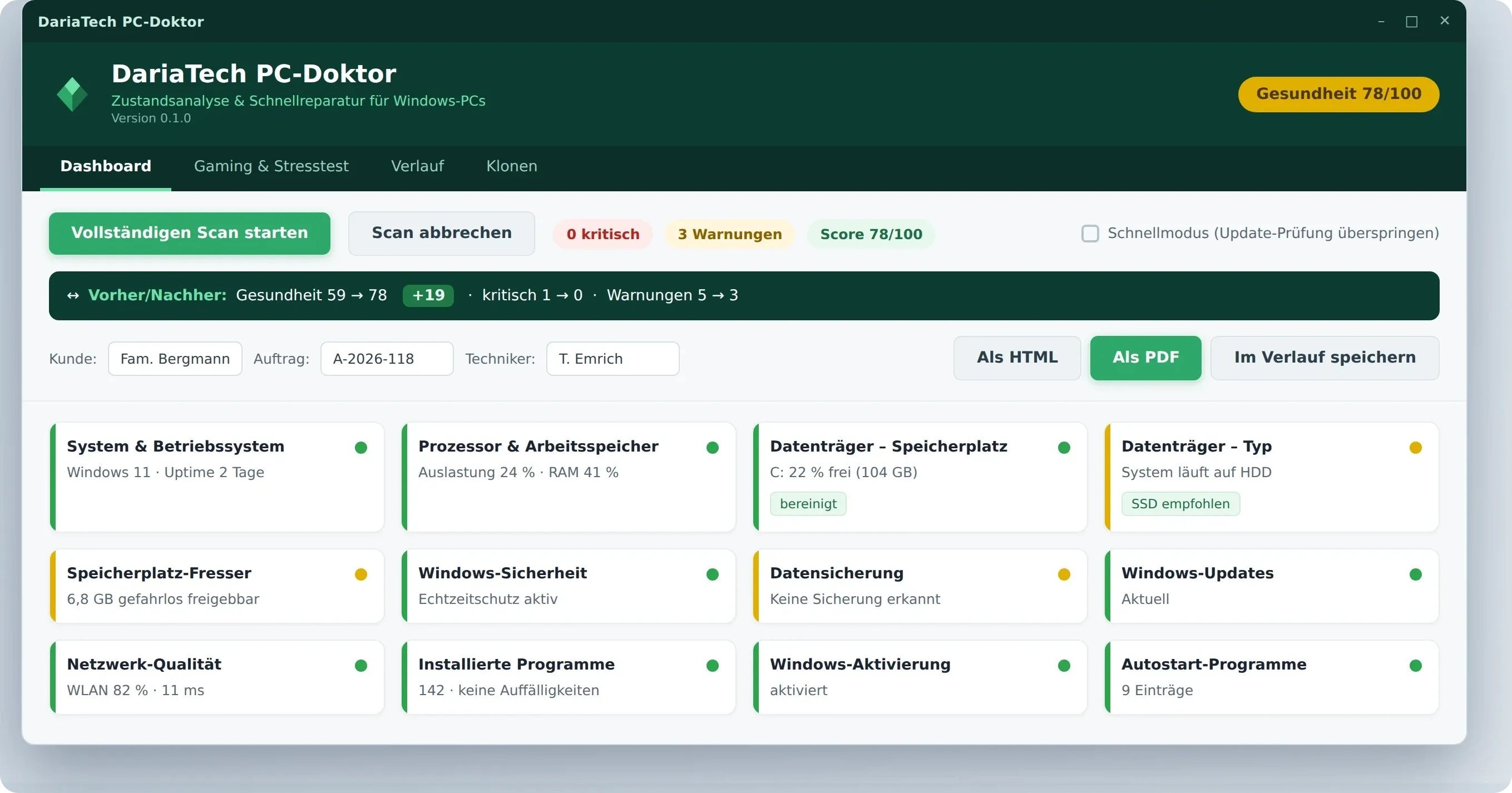 DariaTech PC Doctor – Diagnose-Tool zeigt Zustand, Temperaturen und Fehler eines Rechners auf einen Blick