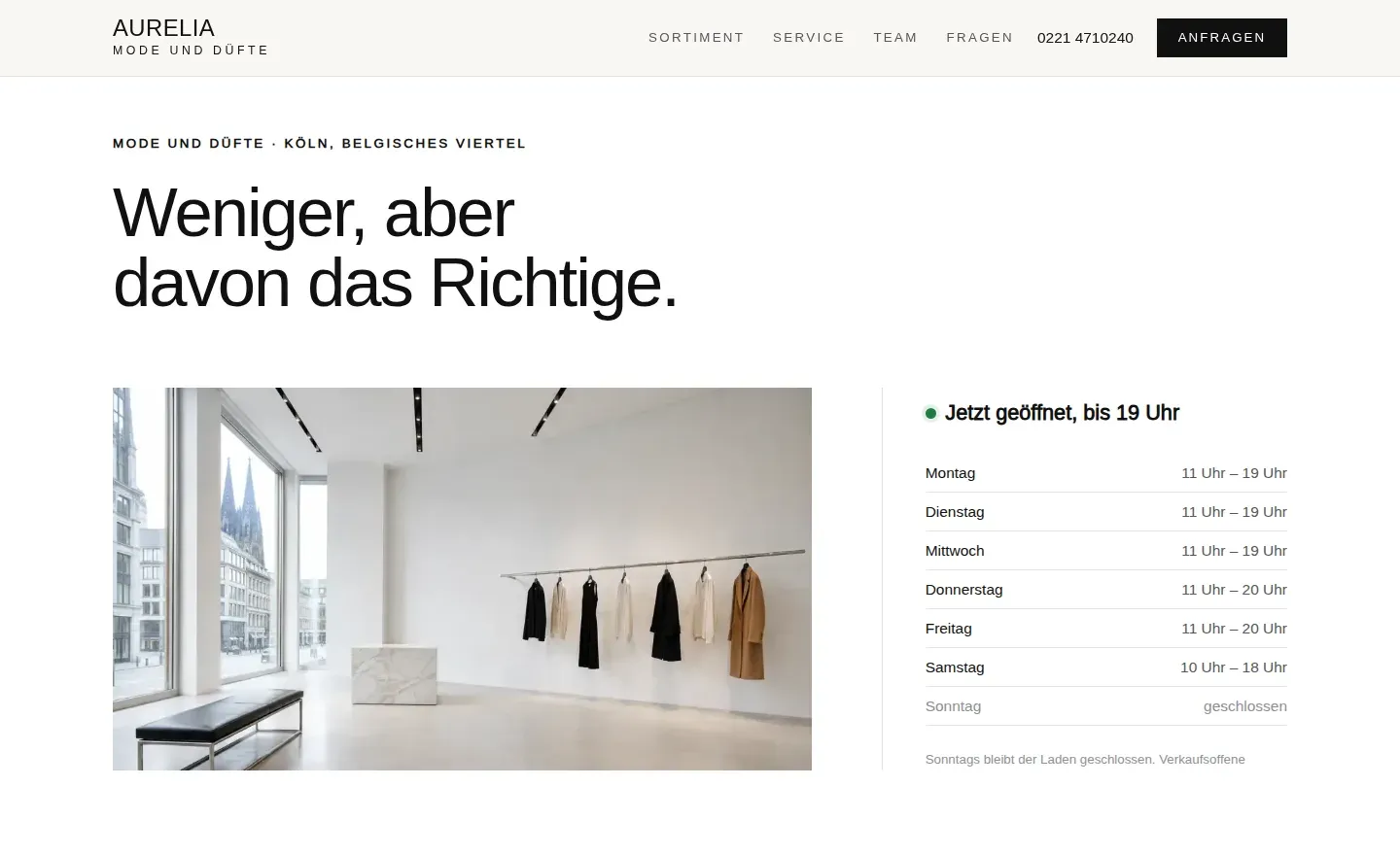 Live-Demo einer Einzelhandels- & Boutique-Website von DariaTech – Startseite mit Sortiment und Öffnungszeiten