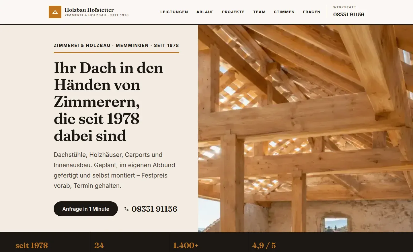Live-Demo einer Handwerks-Website (Zimmerei/Holzbau) von DariaTech – Startseite mit Anfrage