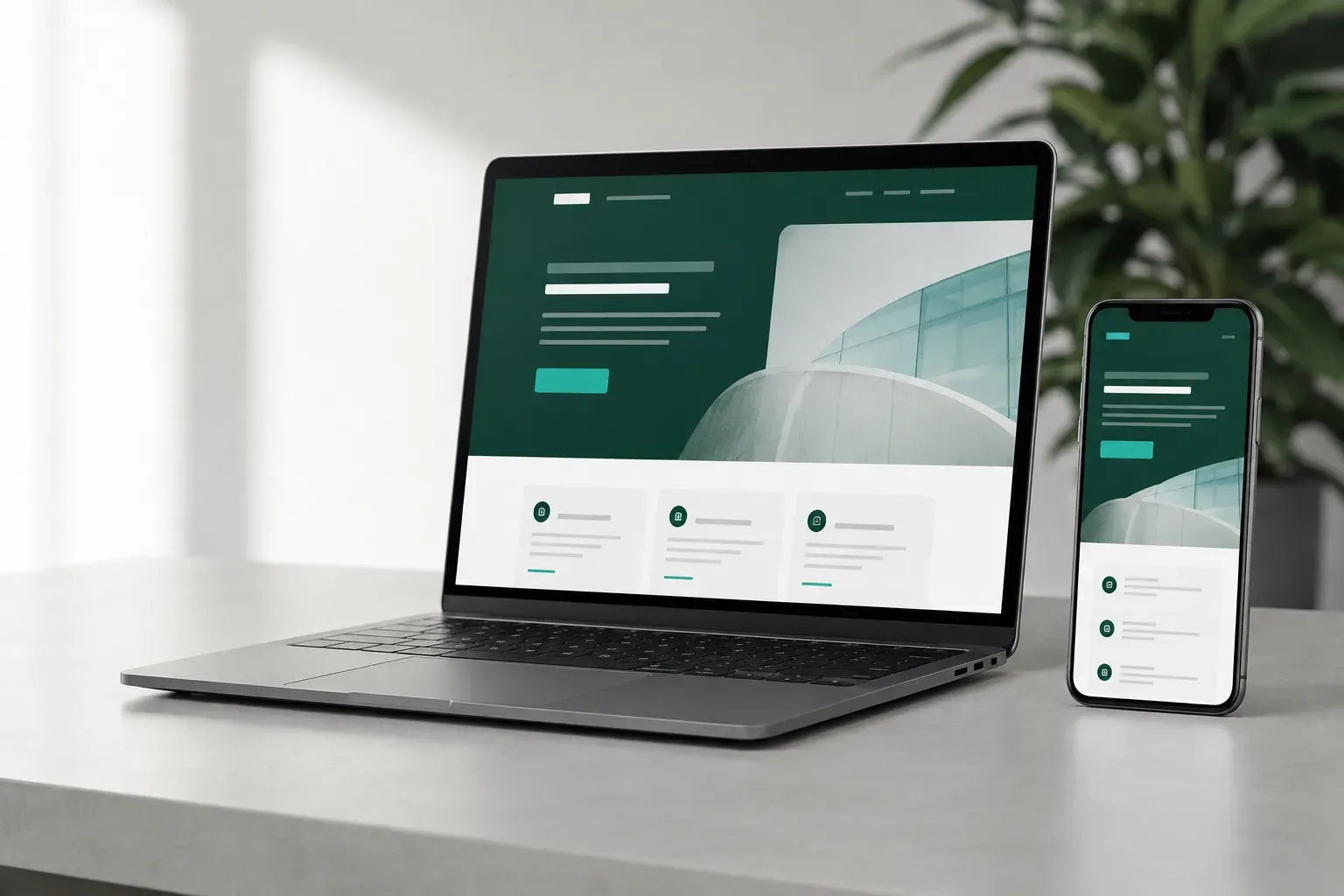 Moderne Unternehmens-Website von DariaTech auf Laptop und Smartphone – schnell, responsiv und im markeneigenen Grün
