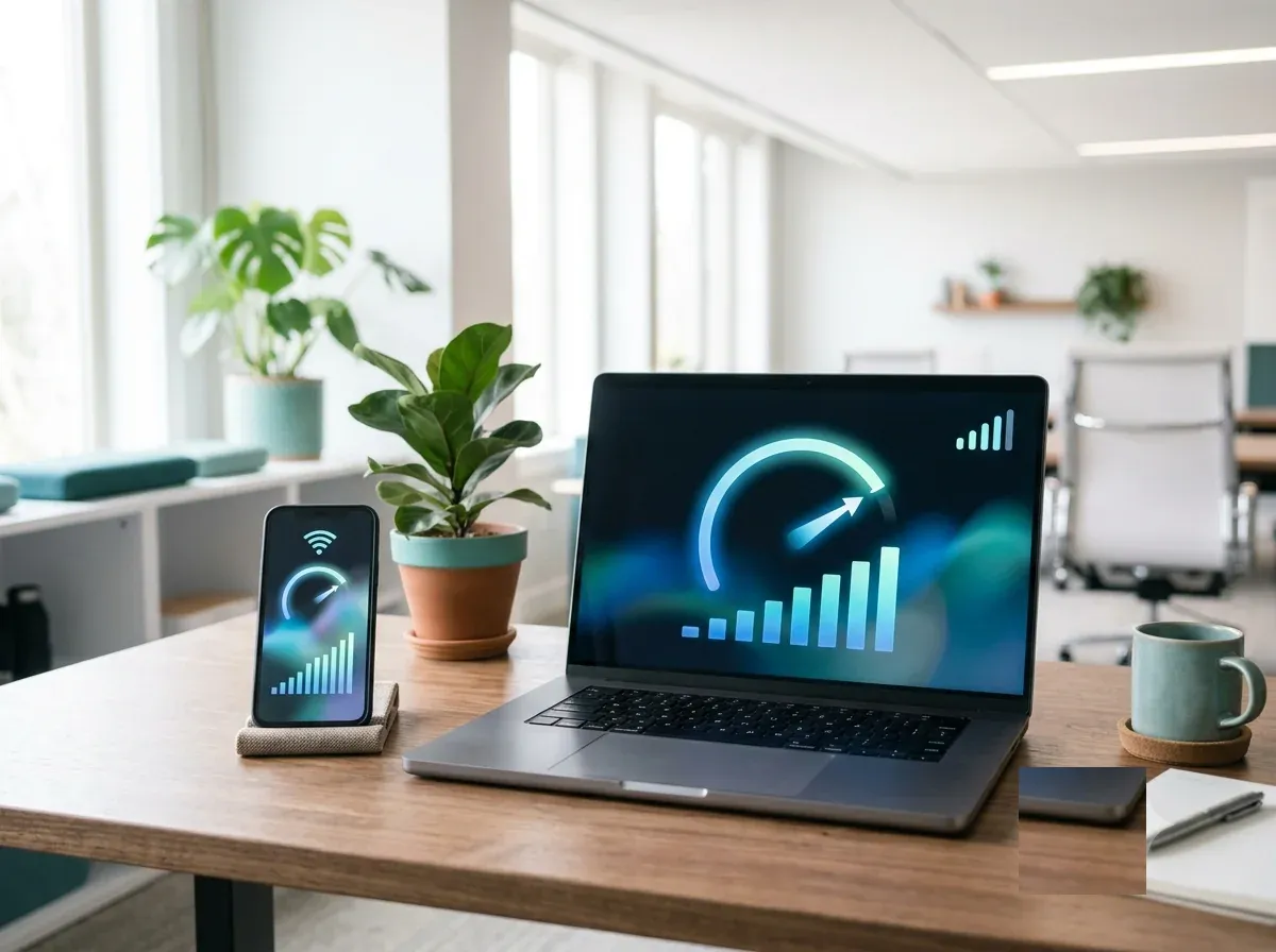 Notebook und Smartphone mit voller WLAN-Verbindung und schnellem Internet – stabiles Business-WLAN von DariaTech